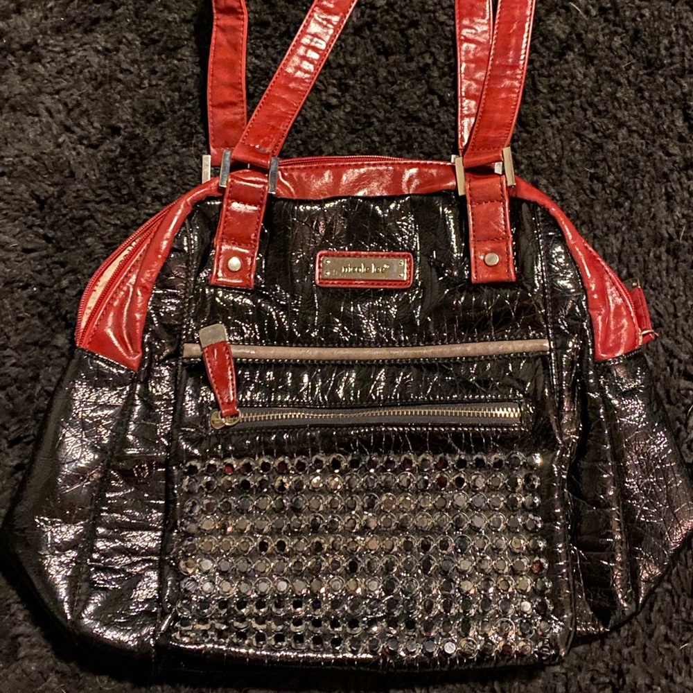 Nicole Lee Red and Black Embellished Shoulder Purse